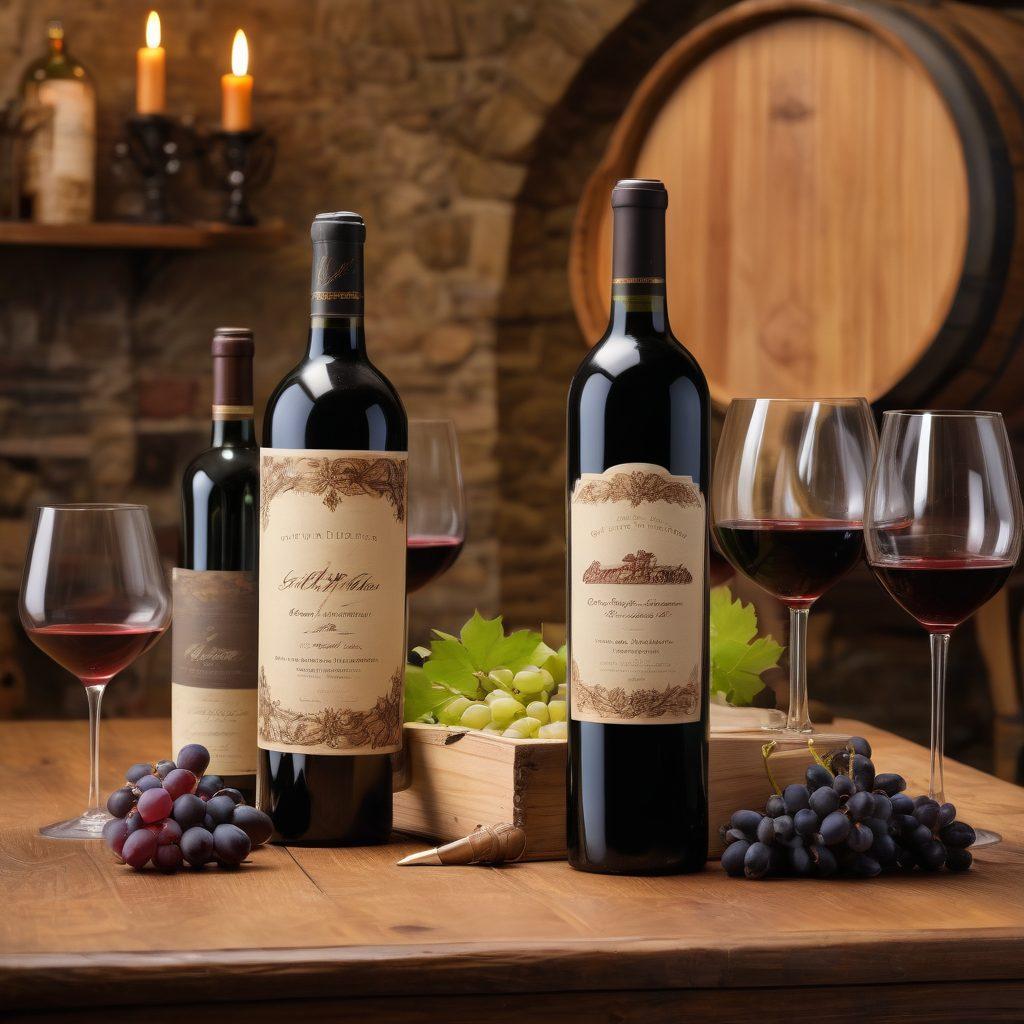 A curated wine cellar showcasing elegant bottles with labels, surrounded by lush grapevines in the background. A stylish auction paddle rests on a rustic wooden table, hinting at the excitement of wine auctions. Soft, warm lighting creates an inviting atmosphere that highlights the beauty of vintage wine. Elements of both nature and sophistication blend harmoniously. super-realistic. rich colors. warm tones.