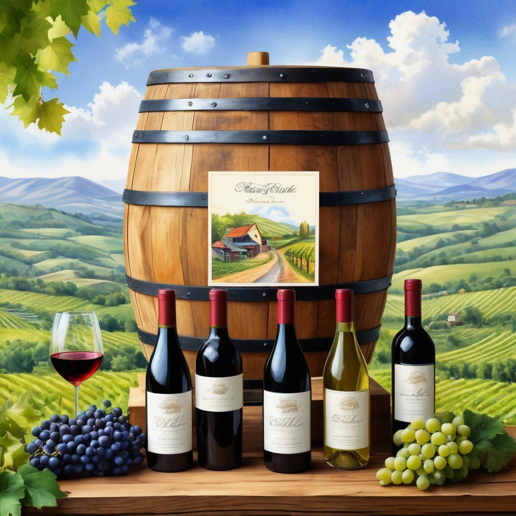 A detailed illustration of a rustic vineyard with a wooden wine barrel in the foreground, showcasing various artisanal wine bottles arranged artistically. Hovering above, a graphic of a globe intertwined with grapevines symbolizes worldwide wine trade. The background features lush green hills under a bright blue sky with delicate clouds, enticing the viewer to explore the world of wine. watercolor style. vibrant colors. soft focus.