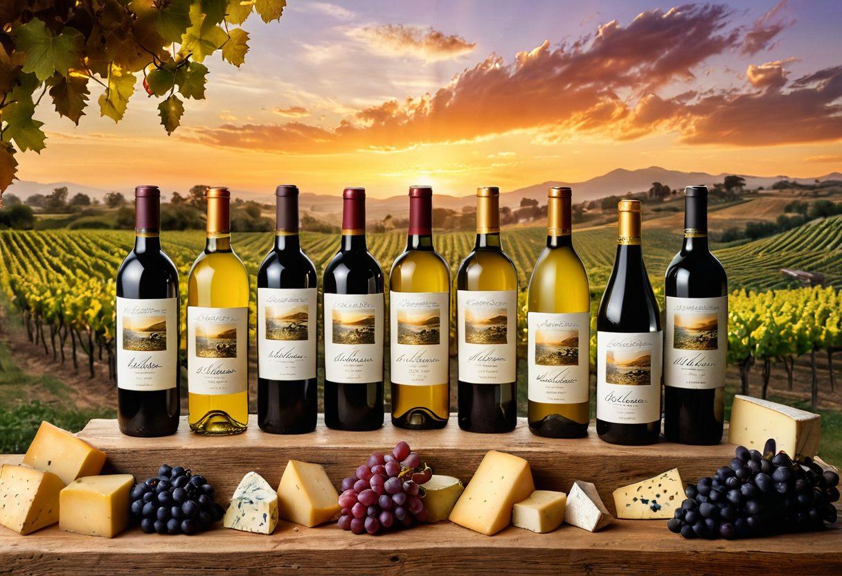 A beautifully arranged display of artisanal wine bottles, showcasing various labels and colors, with a vineyard backdrop under a golden sunset. Include elements like wine glasses, grape clusters, and artisanal cheese to enhance the scene. Emphasize a sense of sophistication and abundance in the composition. super-realistic. warm tones. vibrant colors.